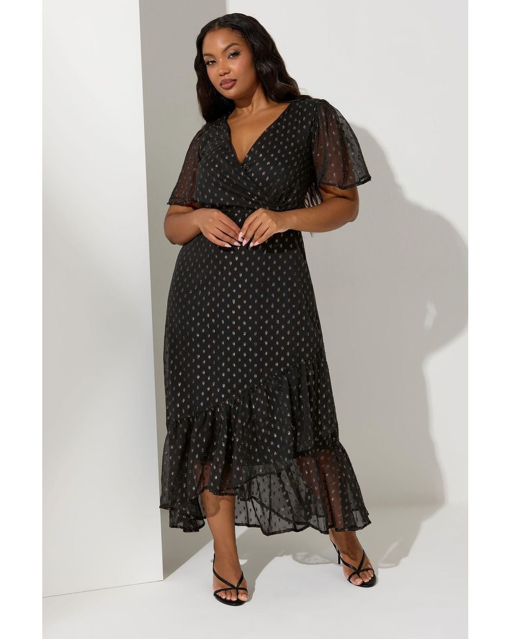Yours Black Metallic Dobby Wrap Dress