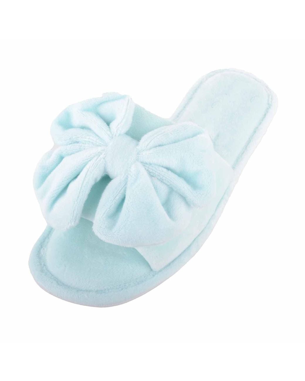 Absolute Footwear Blue Easy Slip On Velour Style Open Toe Mule Slipper With Bow Detail