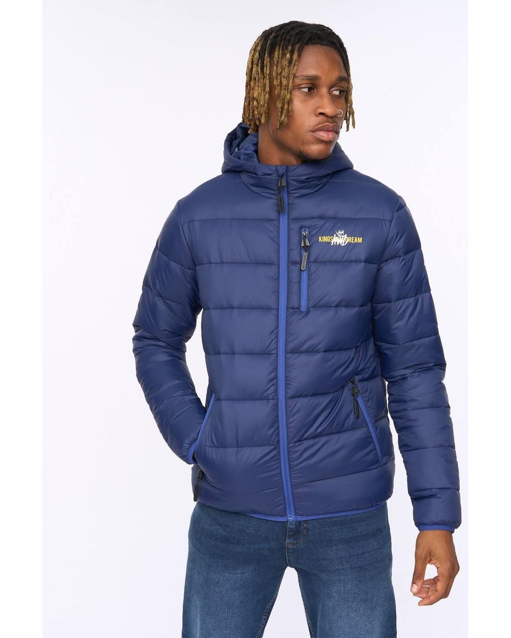 Kings Will Dream Blue Barcana Statement Quilted Puffer Jacket With Chin Guard for men
