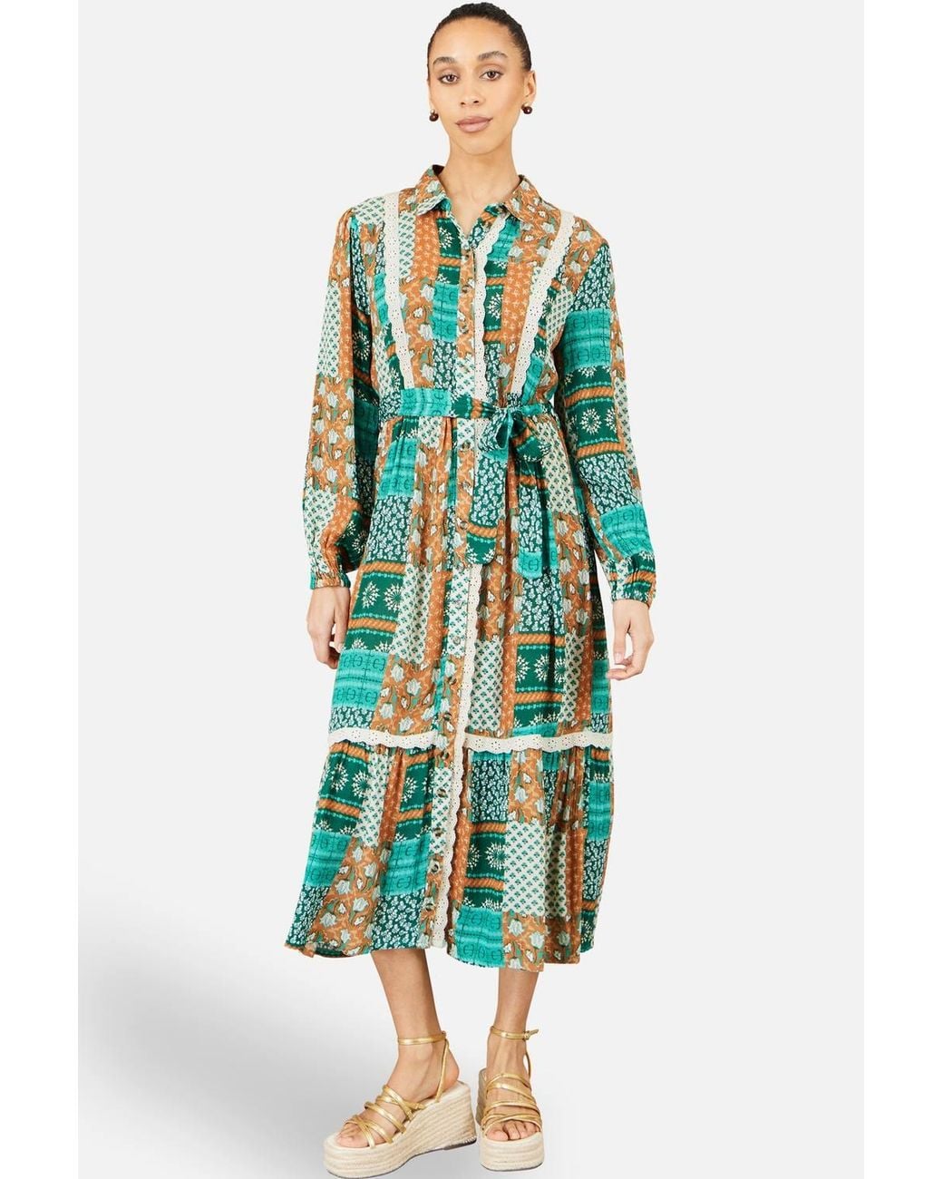 Yumi' Green Patchwork Viscose Midi Shirt Dress