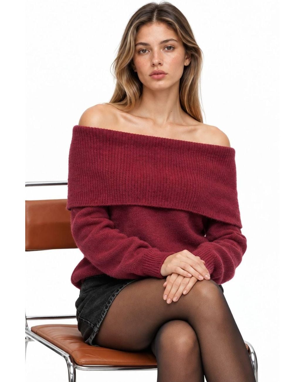 MixRay Red Oversized Ribbed Knitwear Blouse With Madonna Collar