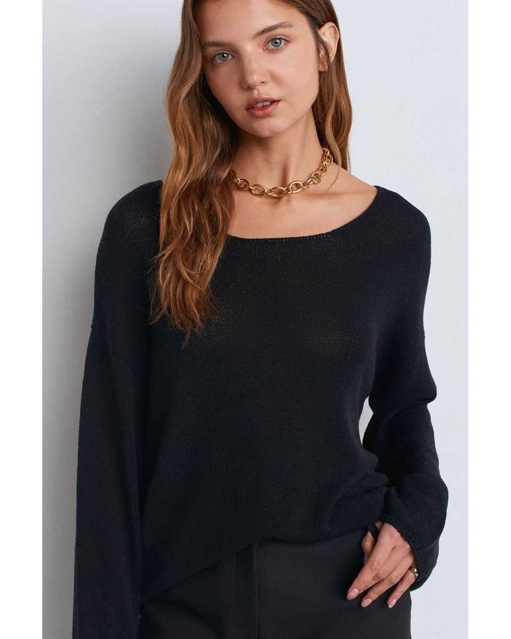 Dilvin Black Ribbed Boat-Neck Knit Sweater