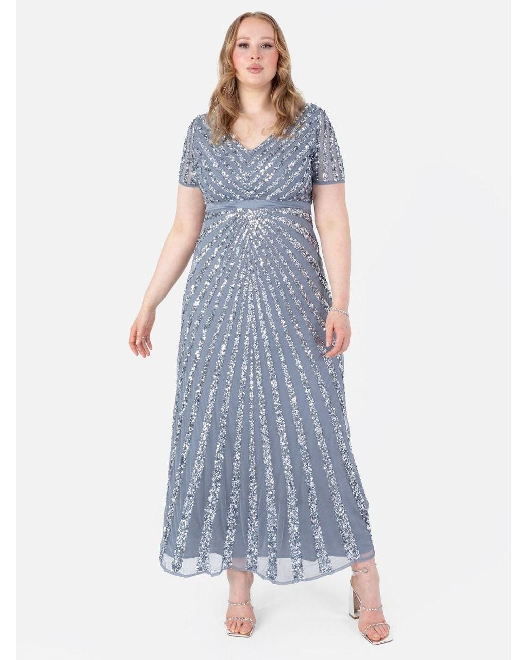 Maya Deluxe White Short Sleeve Stripe Embellished Maxi Dress