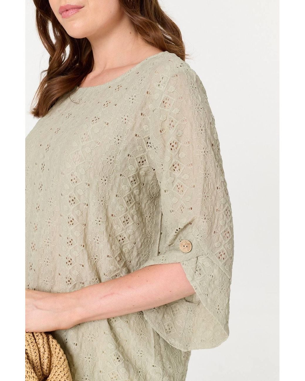 Izabel London Natural Embroidered Textured 3/4 Sleeve Blouse