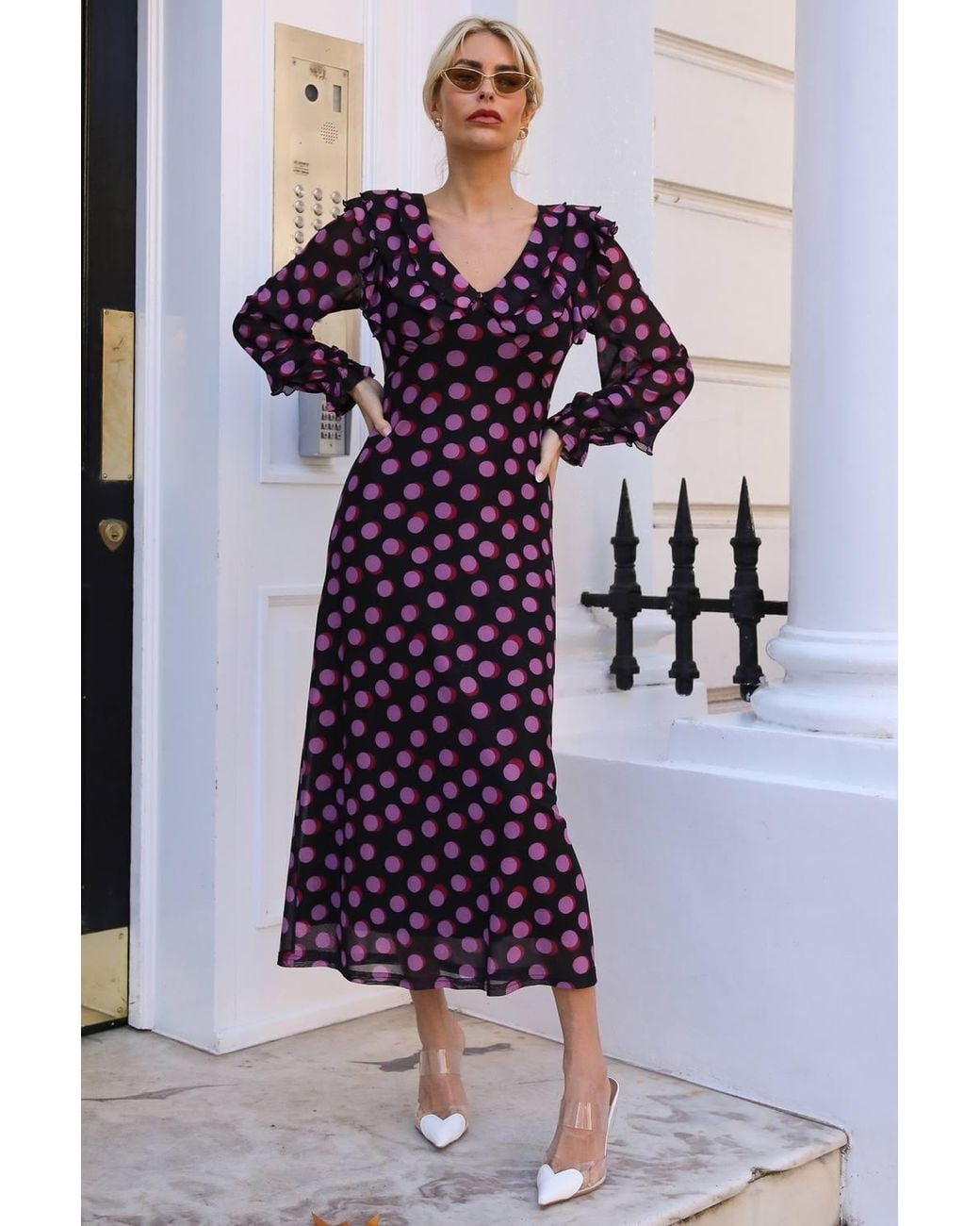 Jolie Moi Blue Ruffle V Neck Long Sleeve Mesh Maxi Dress