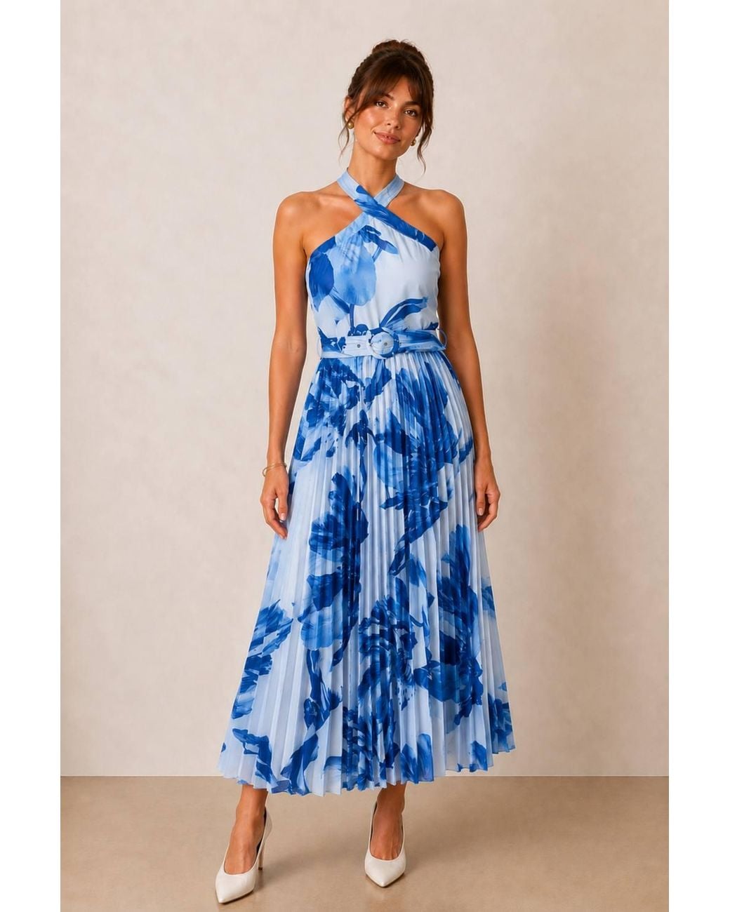 Style Cheat Blue Paige Halter Pleated Belted Dress Floral