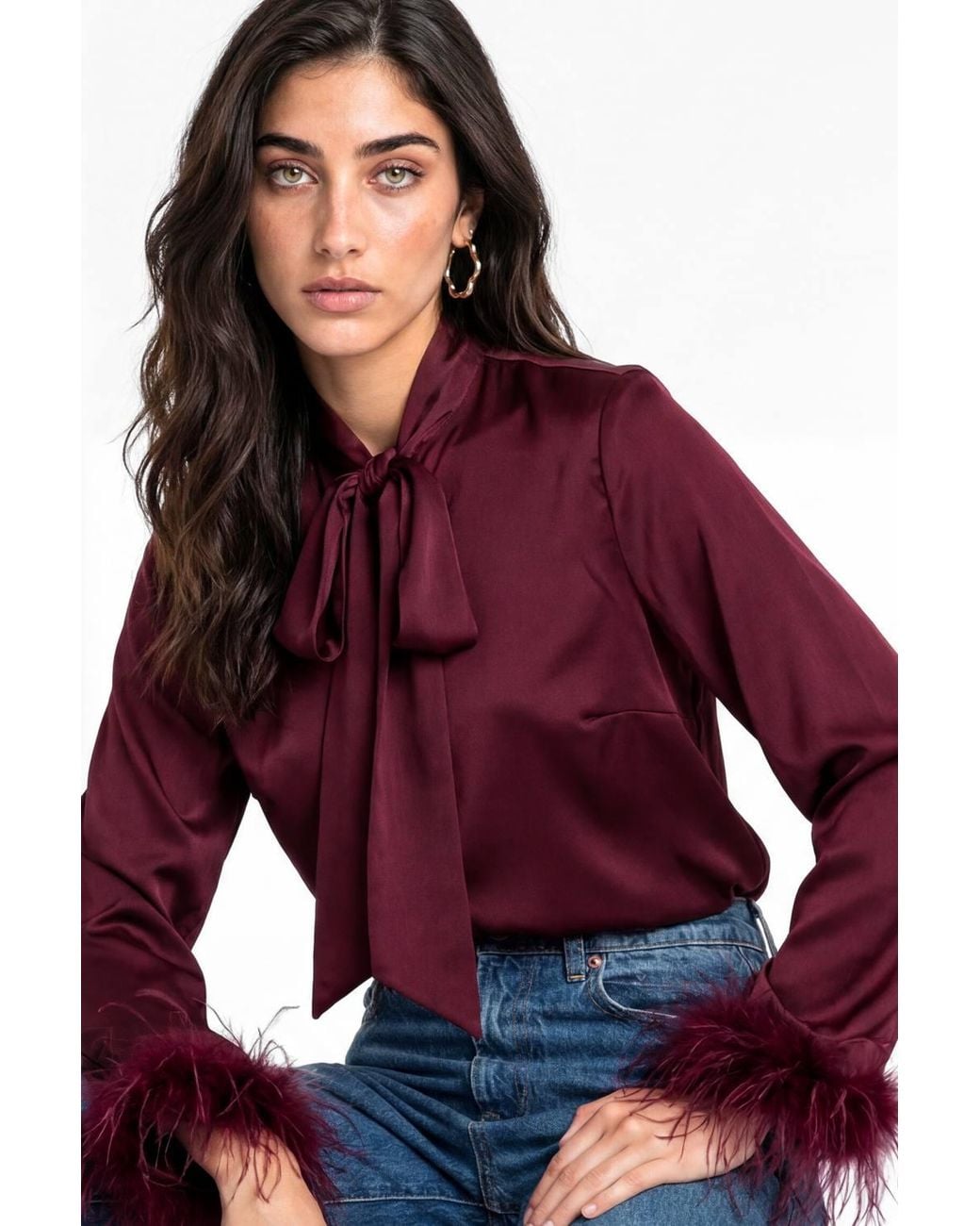 Lovedrobe Red Pussybow Collar Feather Cuffs Button Up Satin Blouse