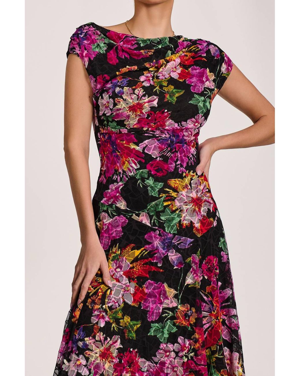 Jolie Moi Red Asymmetric Draped Print Lace Maxi Dress