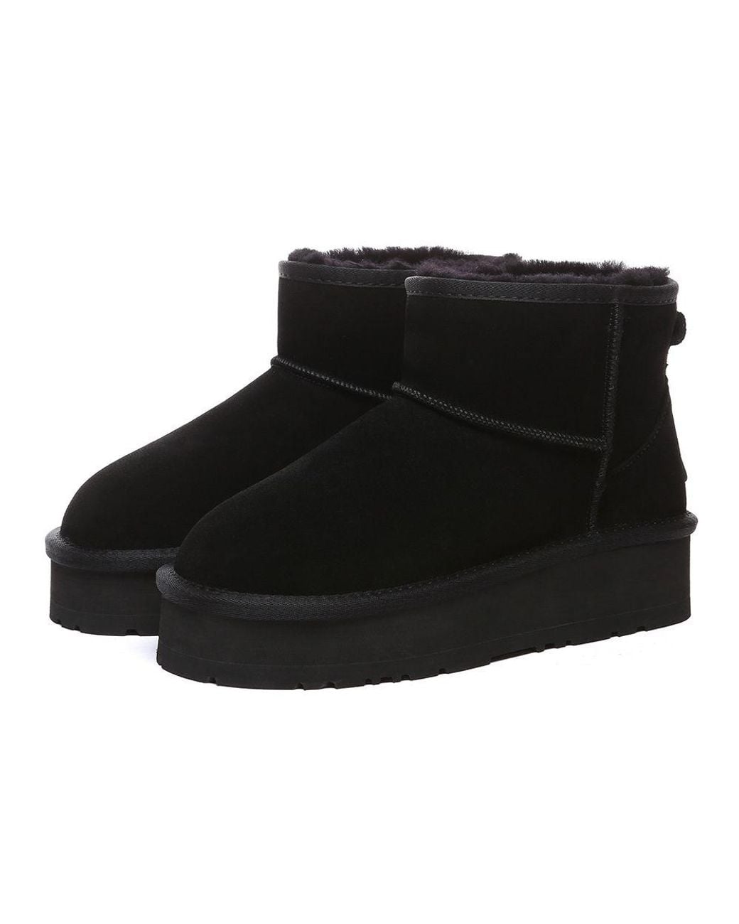 EverAu Australia Black Real Wool Dusky Leather Platform Short Boots With Rubber + Eva Sole