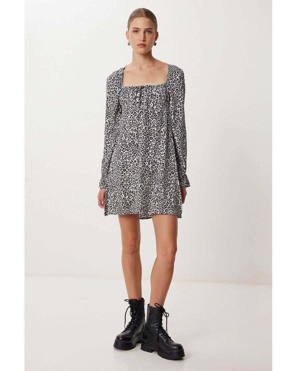 Happiness İstanbul Gray Leopard Print A-Line Mini Dress With Tie Detail