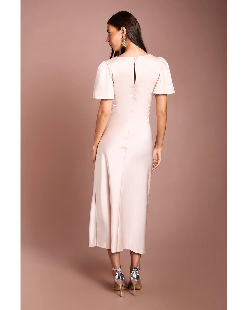 Oasis Brown Satin Twist Front Angel Sleeve Midi Bridesmaid Dress