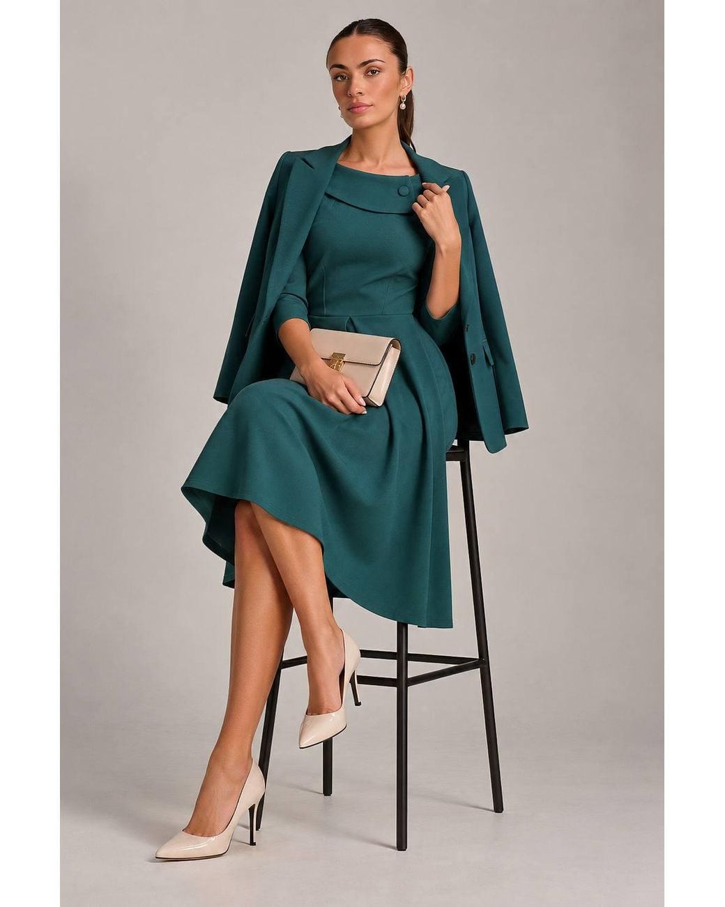 Jolie Moi Green Fold Collar Button Detail Dress