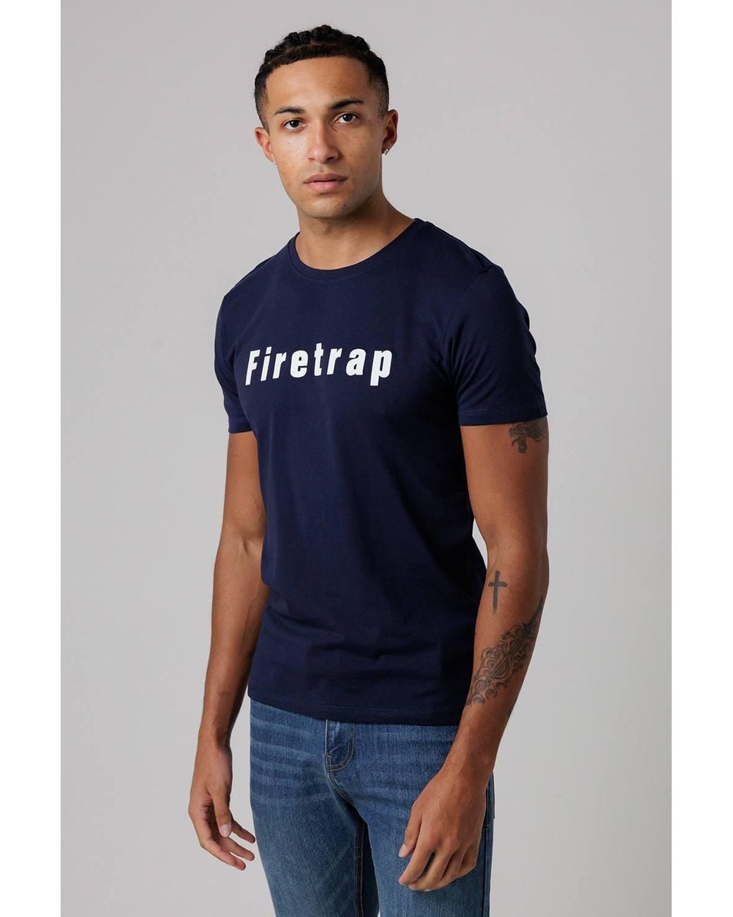 Firetrap Blue Regular Fit Cotton T-Shirt With Logo for men
