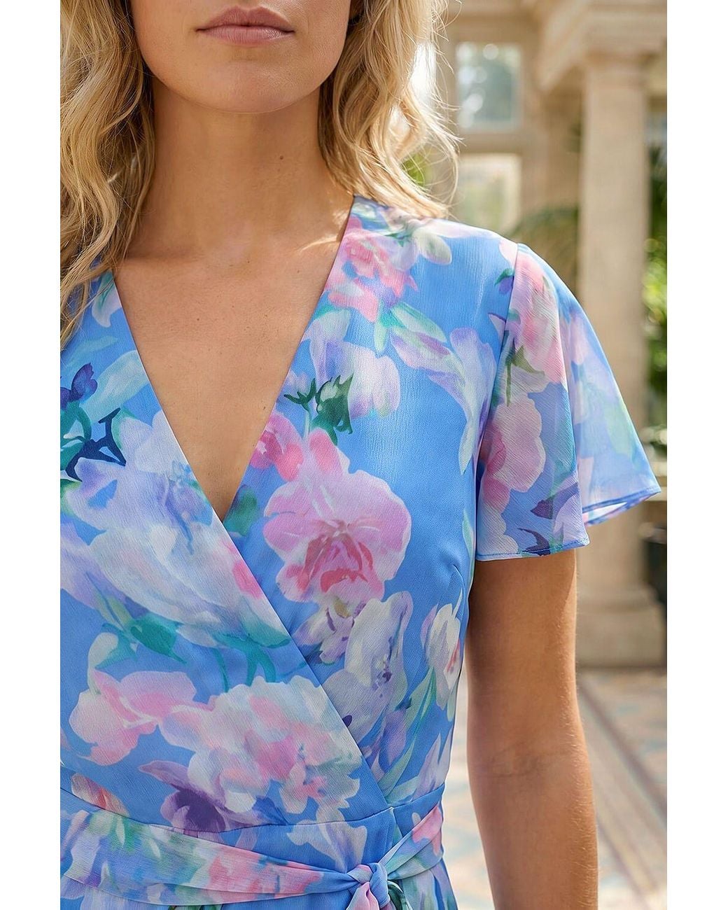 Roman Blue Floral Frill Detail Wrap Dress