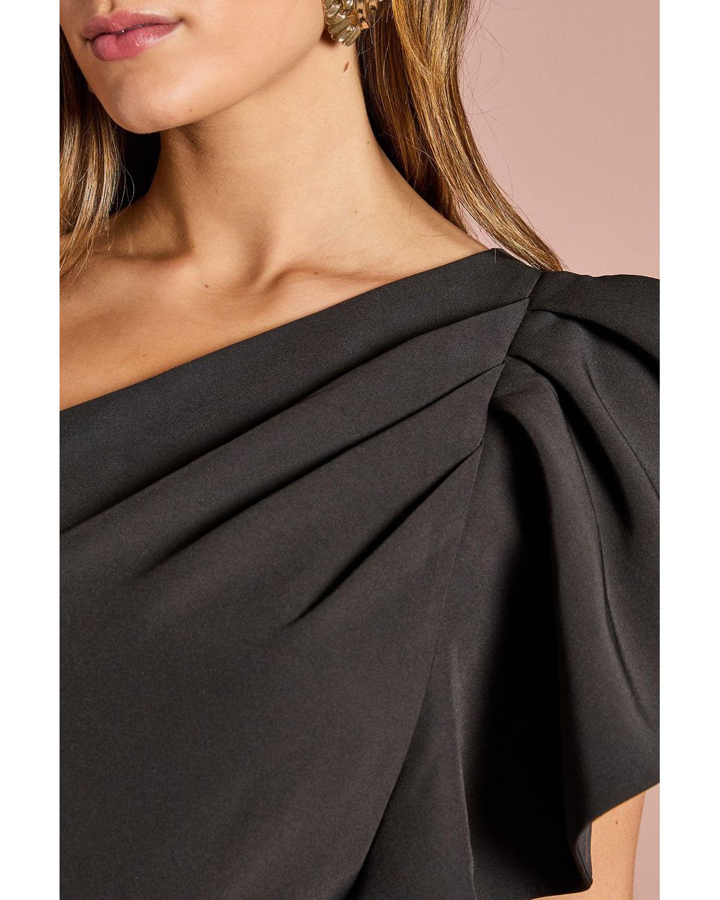 Coast Black One Shoulder Crepe Ruffle Midi Dress