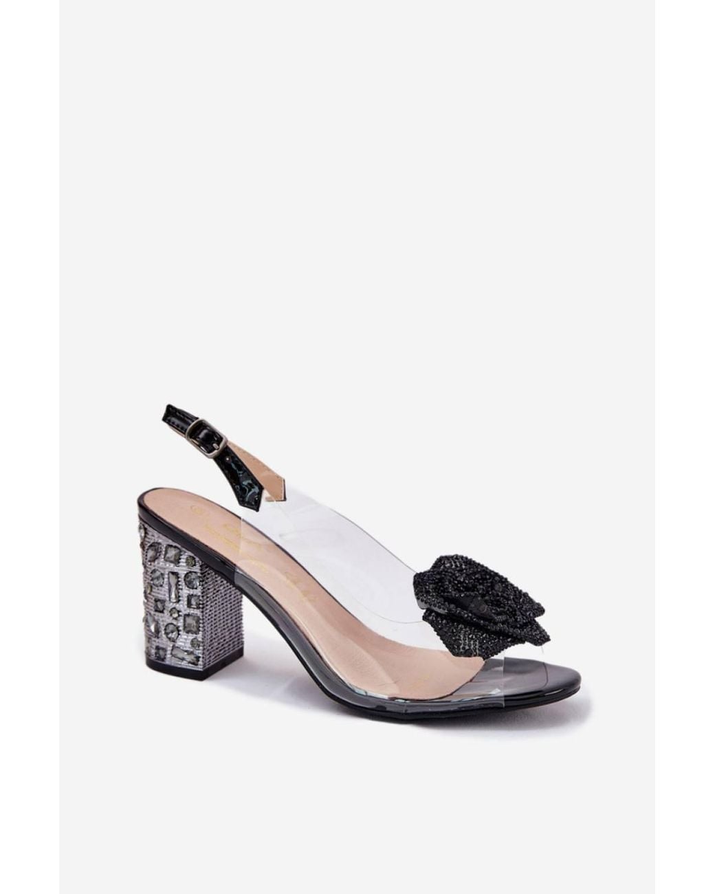 Love Lace Black Evening Leather Heeled Sandals With Embellishment