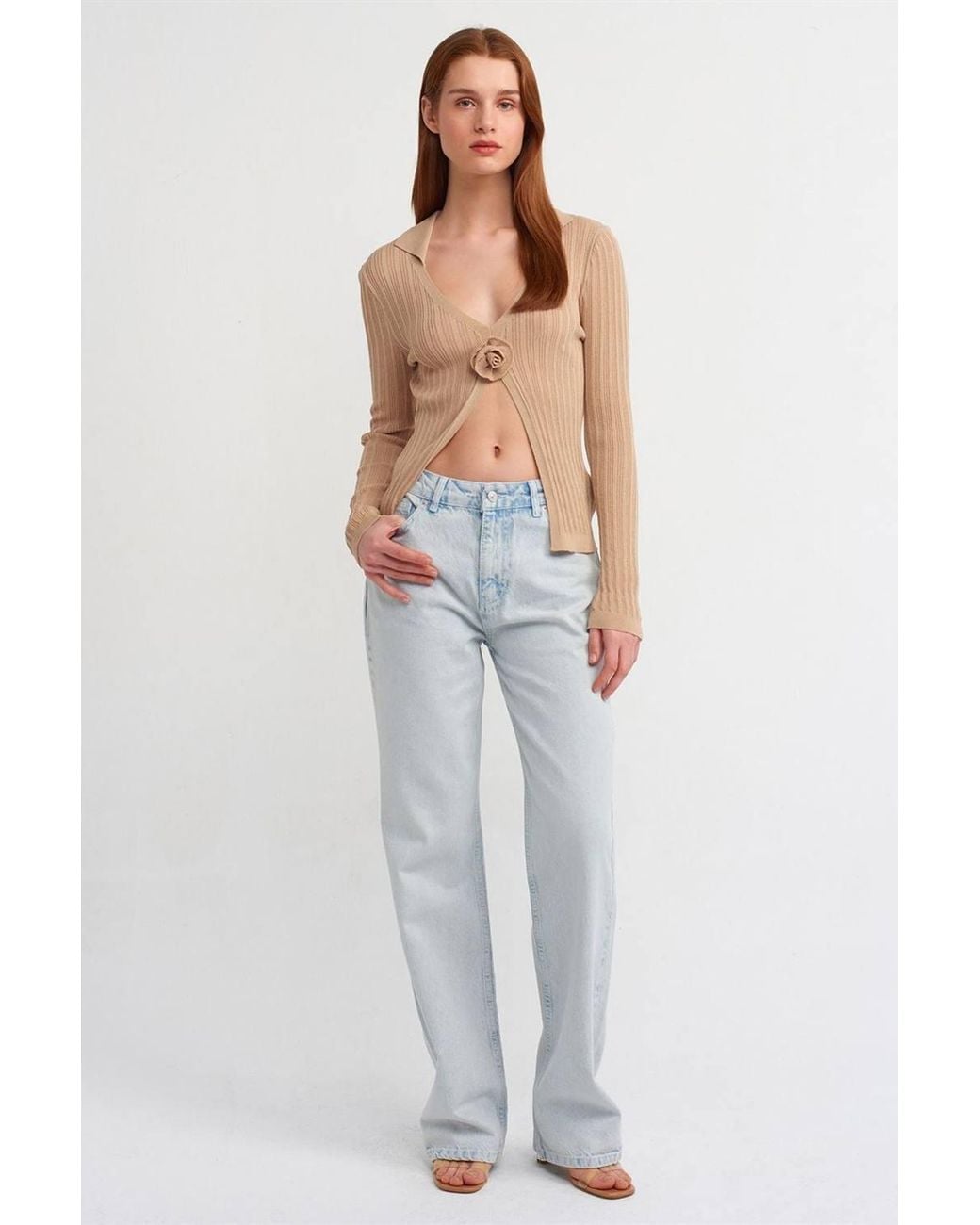Dilvin Blue Slim-Fit Ribbed Knit Polo Blouse