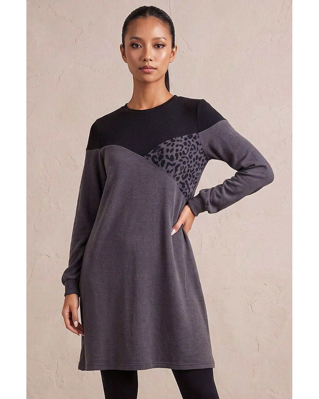 Roman Gray Petite Stretch Animal Colour Block Knit Dress