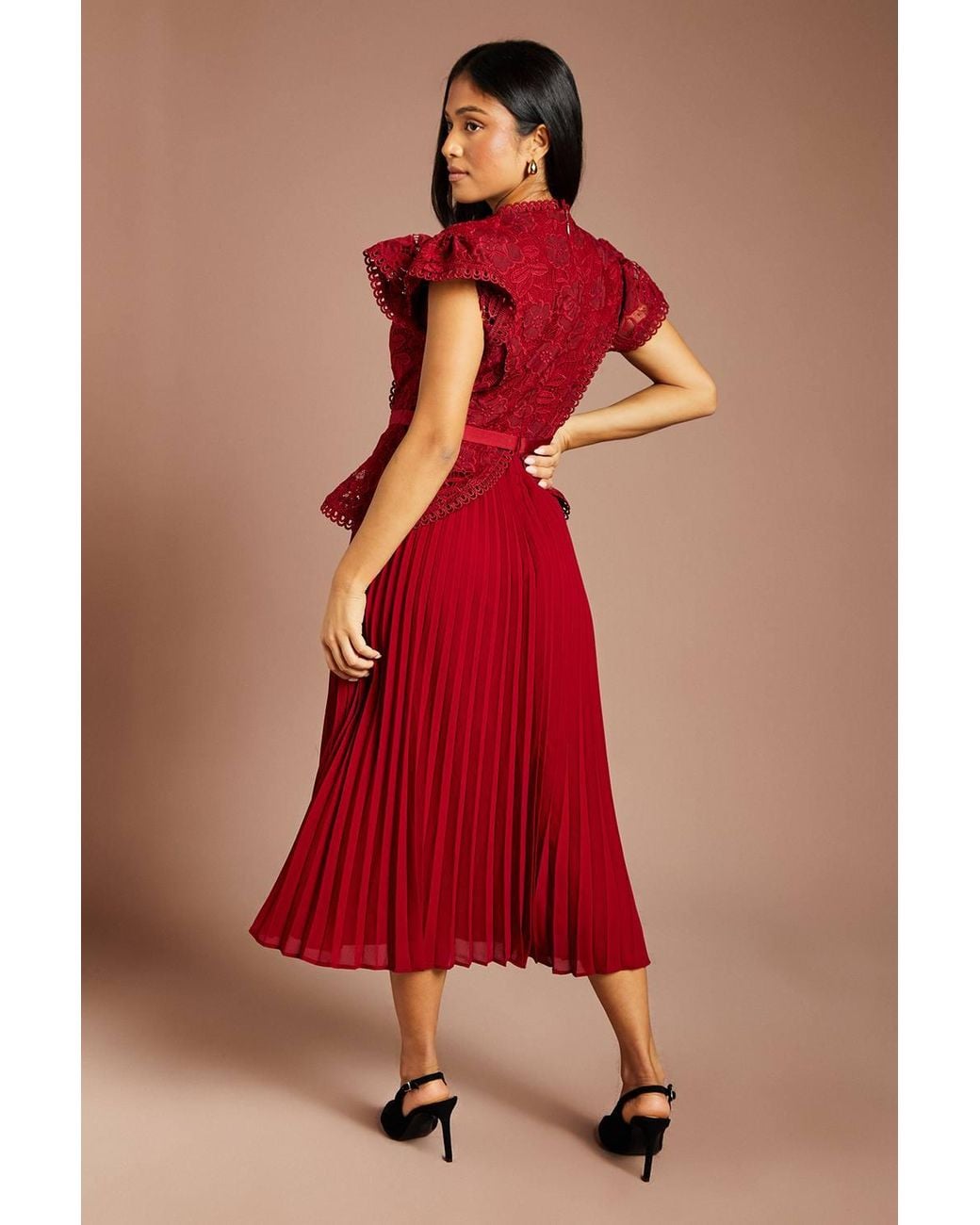 Coast Red Petite Lace Bodice Peplum Midi Dress