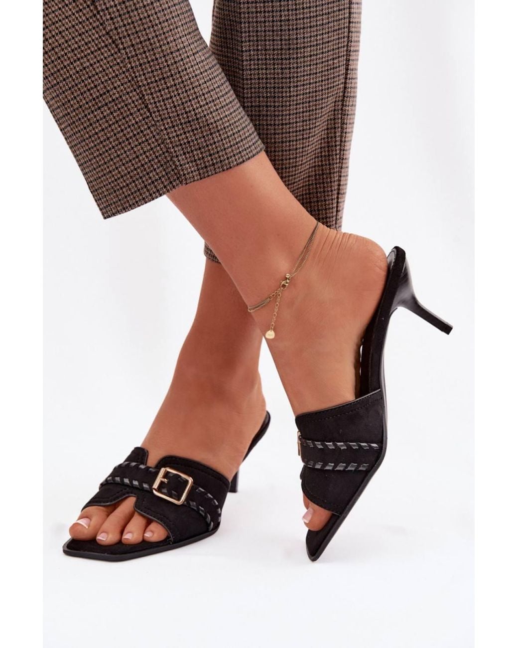 Love Lace Black Heeled Suede Strappy Sandals With Buckle Stiletto Heel