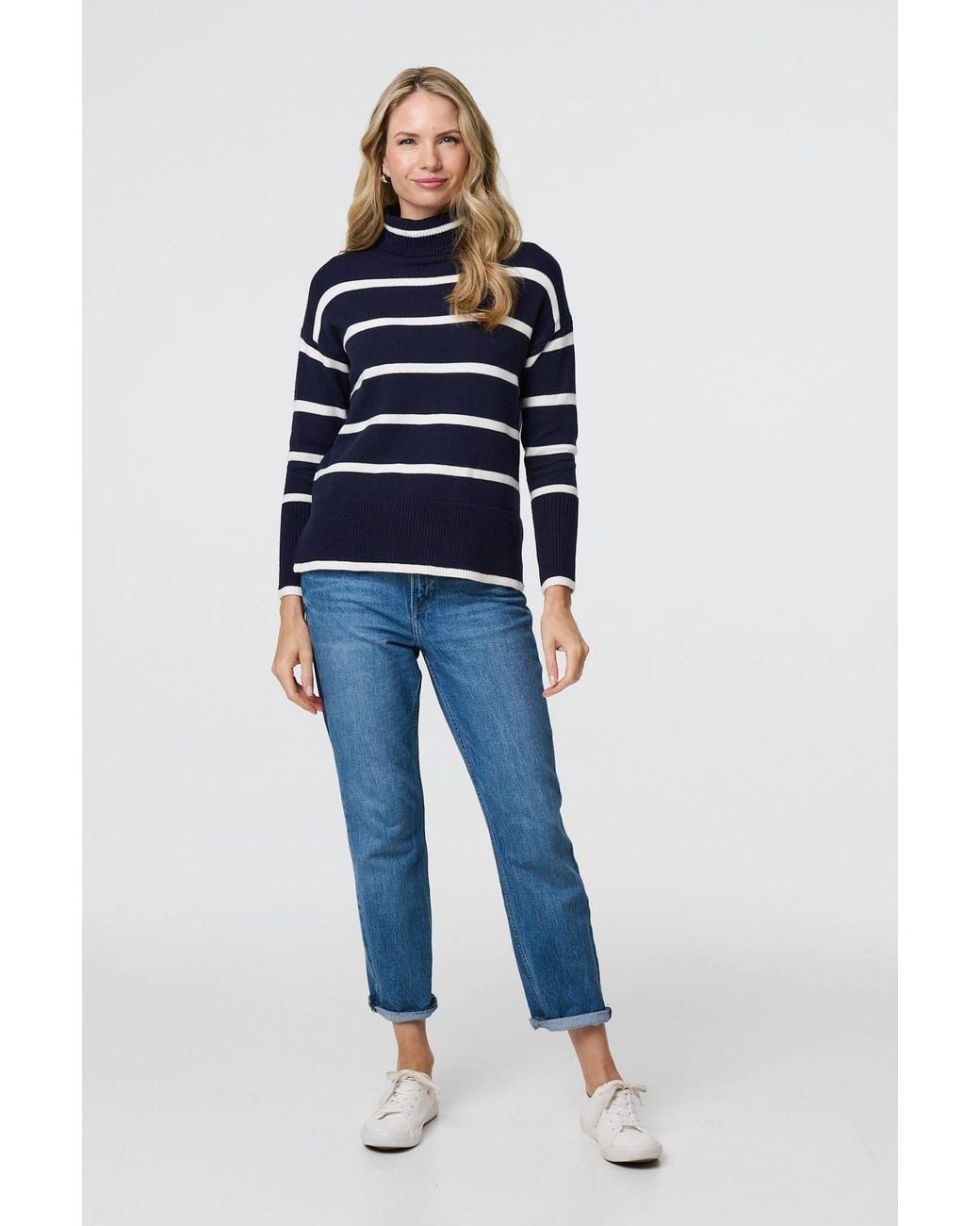 Izabel London Blue Striped Roll Neck Relaxed Jumper
