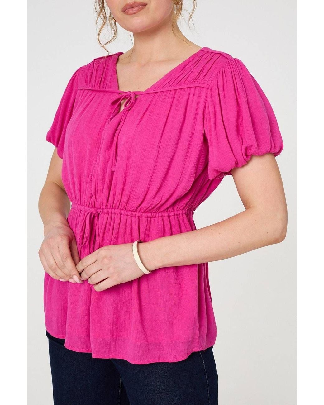 Izabel London Pink Ruched Short Puff Sleeve Peplum Blouse