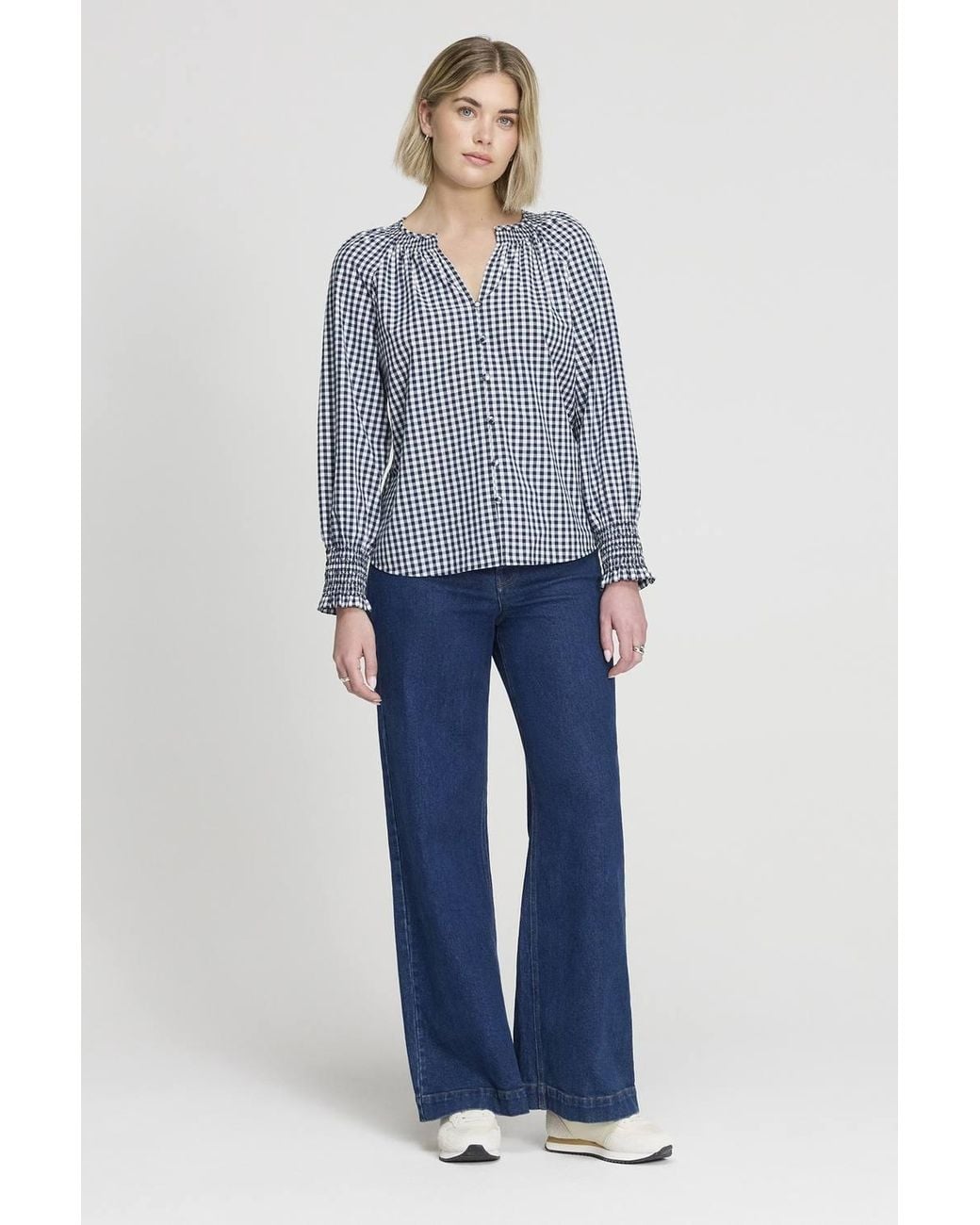 Finery London Blue Sandy Cotton Gingham Long Sleeve Blouse