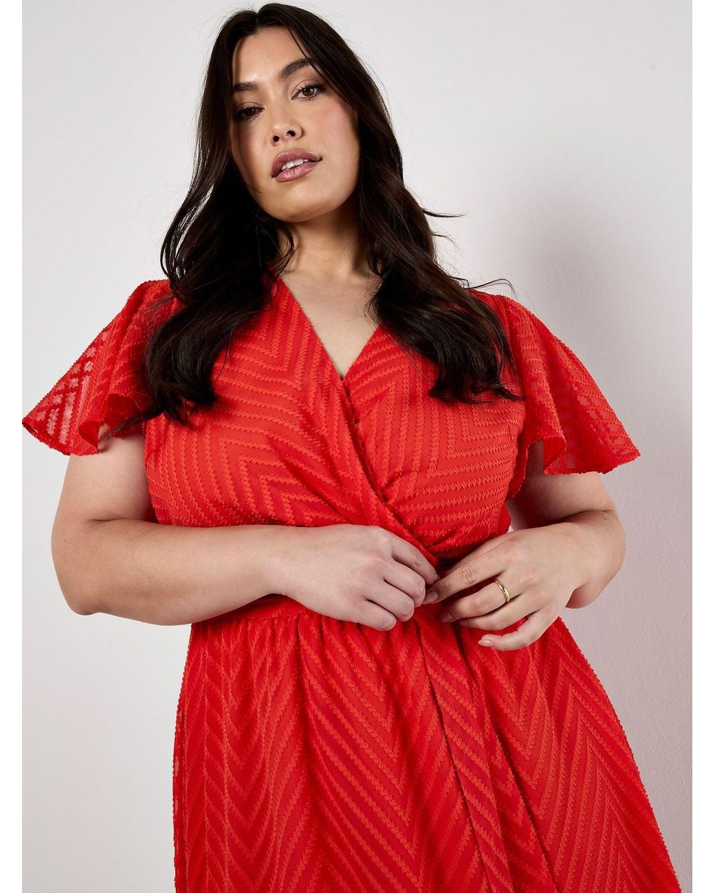 Apricot Red Curve Jacquard Chevron Wrap Midi Dress