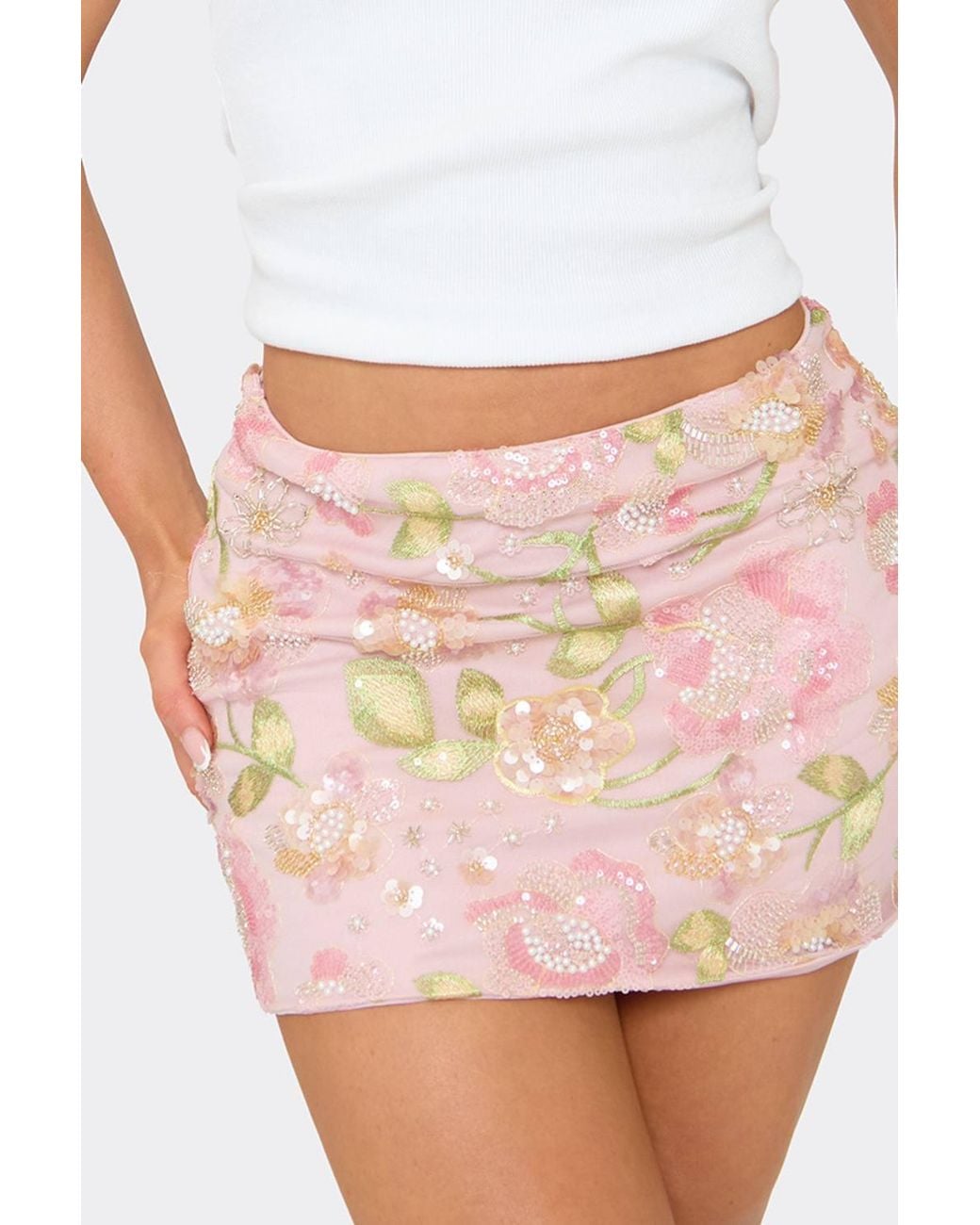 EGO White Sequin Floral Low Rise Mini Skirt