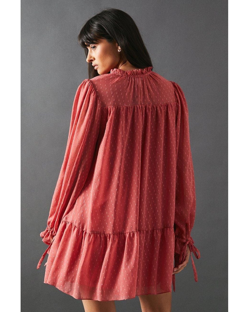Warehouse Gray Dobby Chiffon Tie Neck Drop Hem Mini Smock Dress