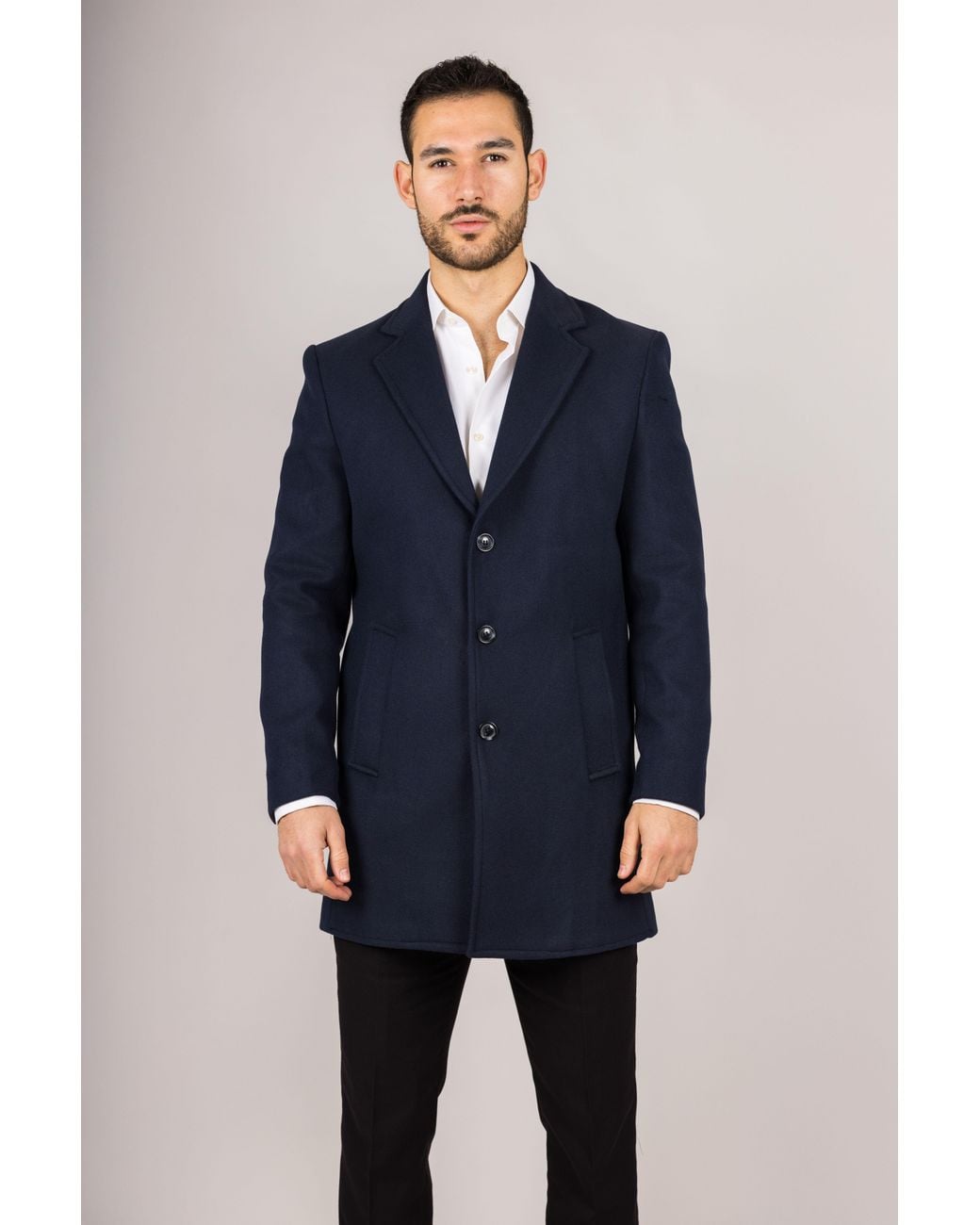 Infinity Leather Blue Notched Lapel Collar Wool Blend Overcoat for men