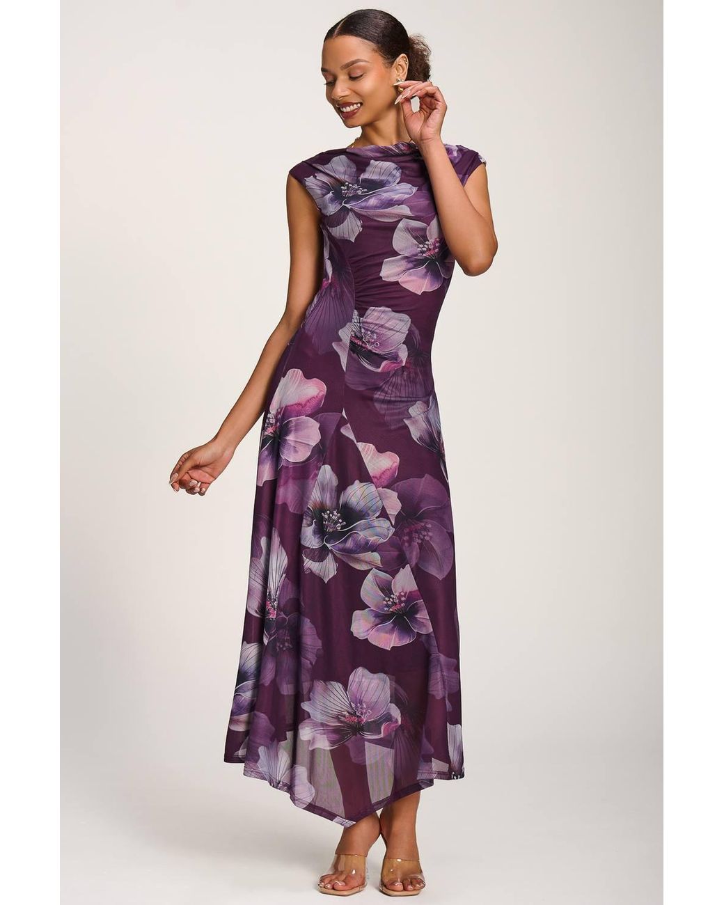 Jolie Moi Purple Asymmetric Draped Mesh Maxi Dress