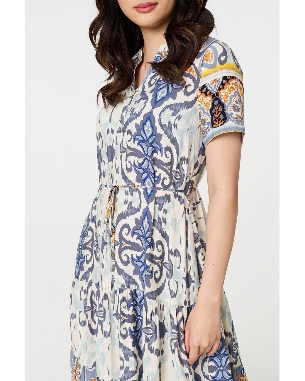 Izabel London Gray Printed Short Puff Sleeve Midi Dress