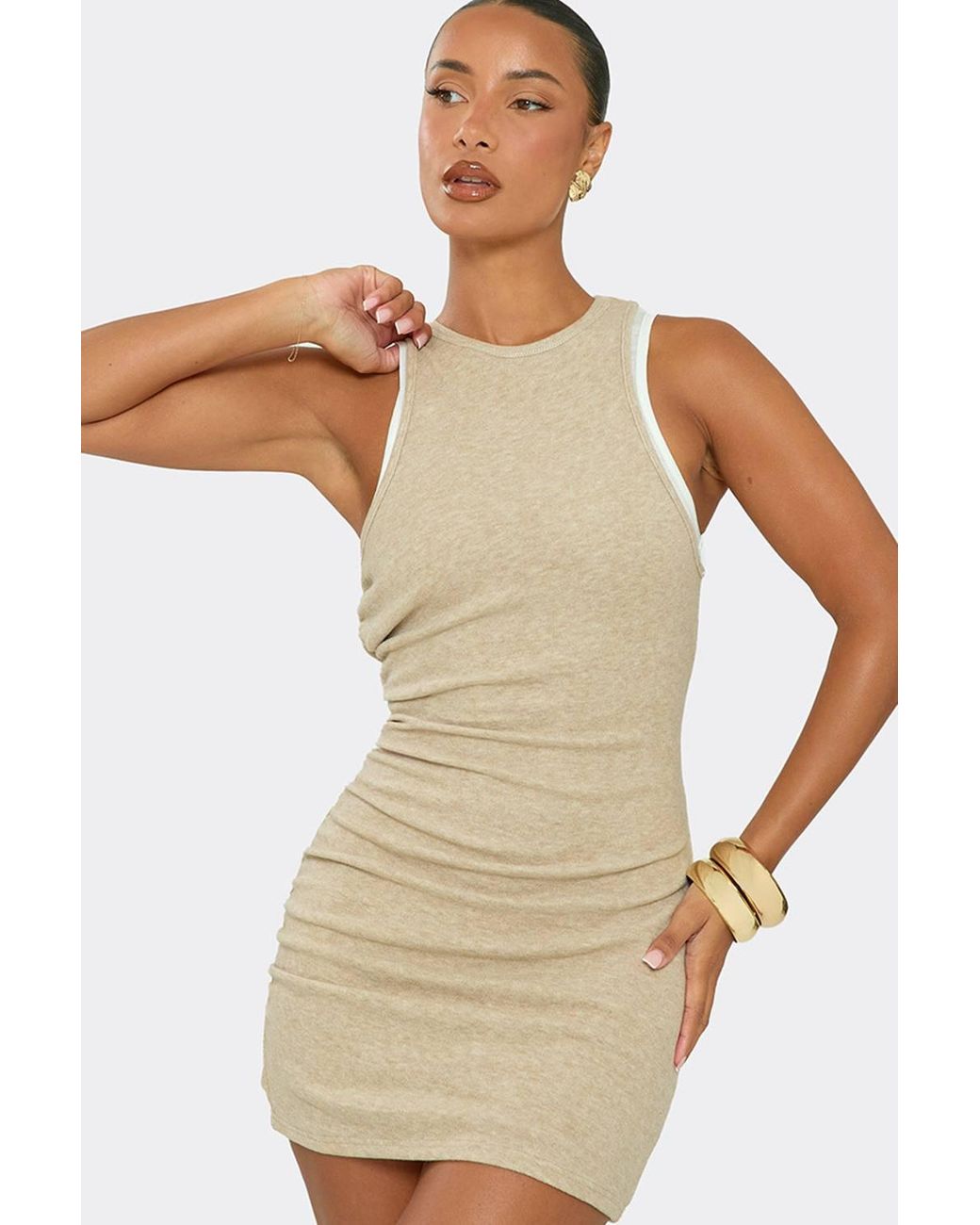 EGO Natural Sleeveless Ruched Mini Dress