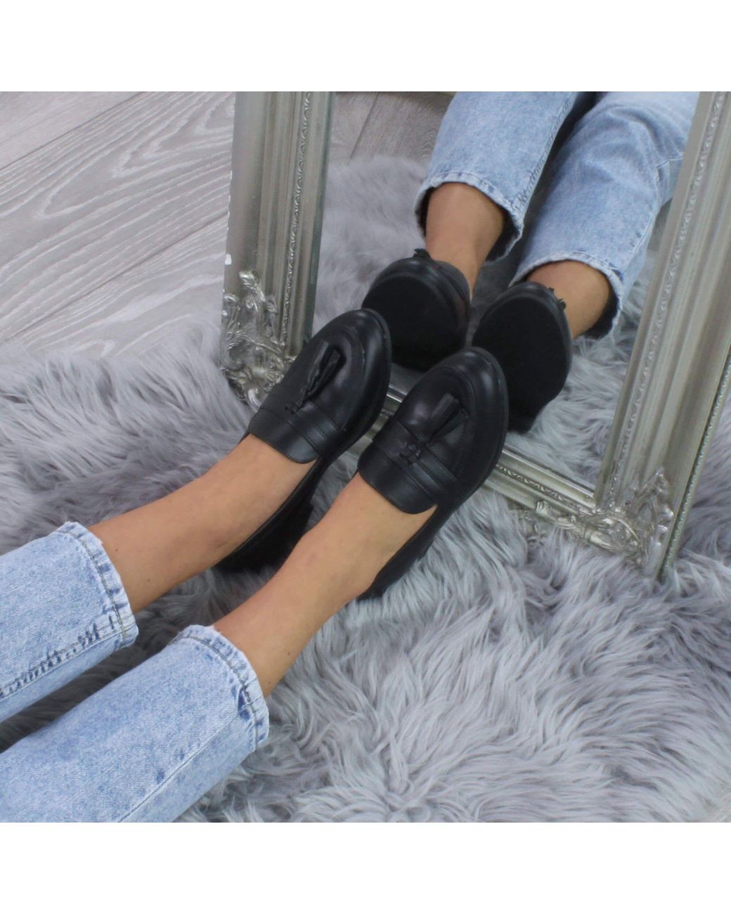 AJVANI Black Flat Heel Flats Faux Leather Loafers