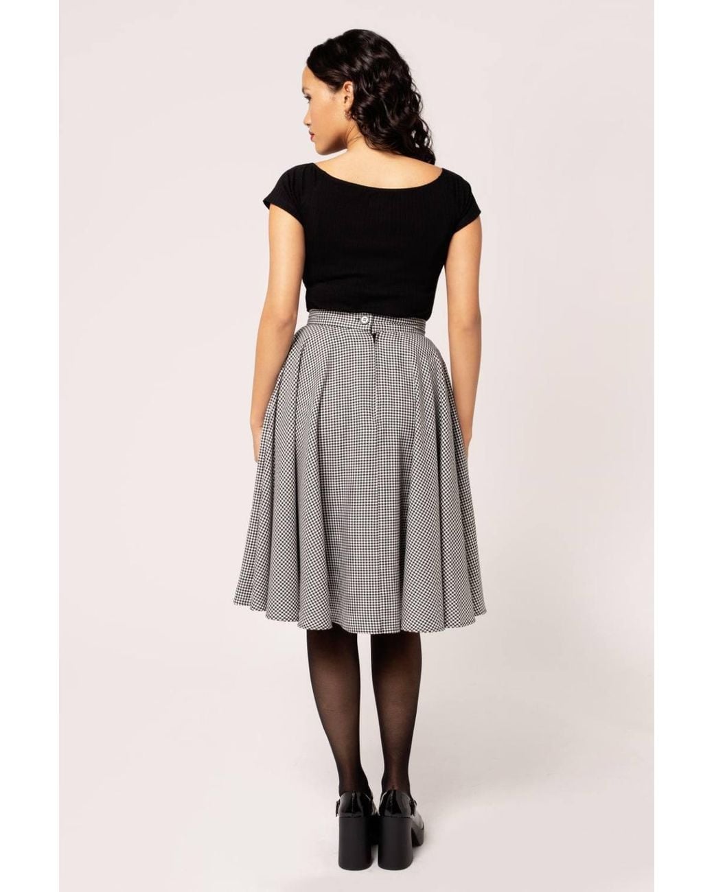 Hell Bunny Gray Teddy Houndstooth Midi Skirt With Velvet Trim Pocket Detail