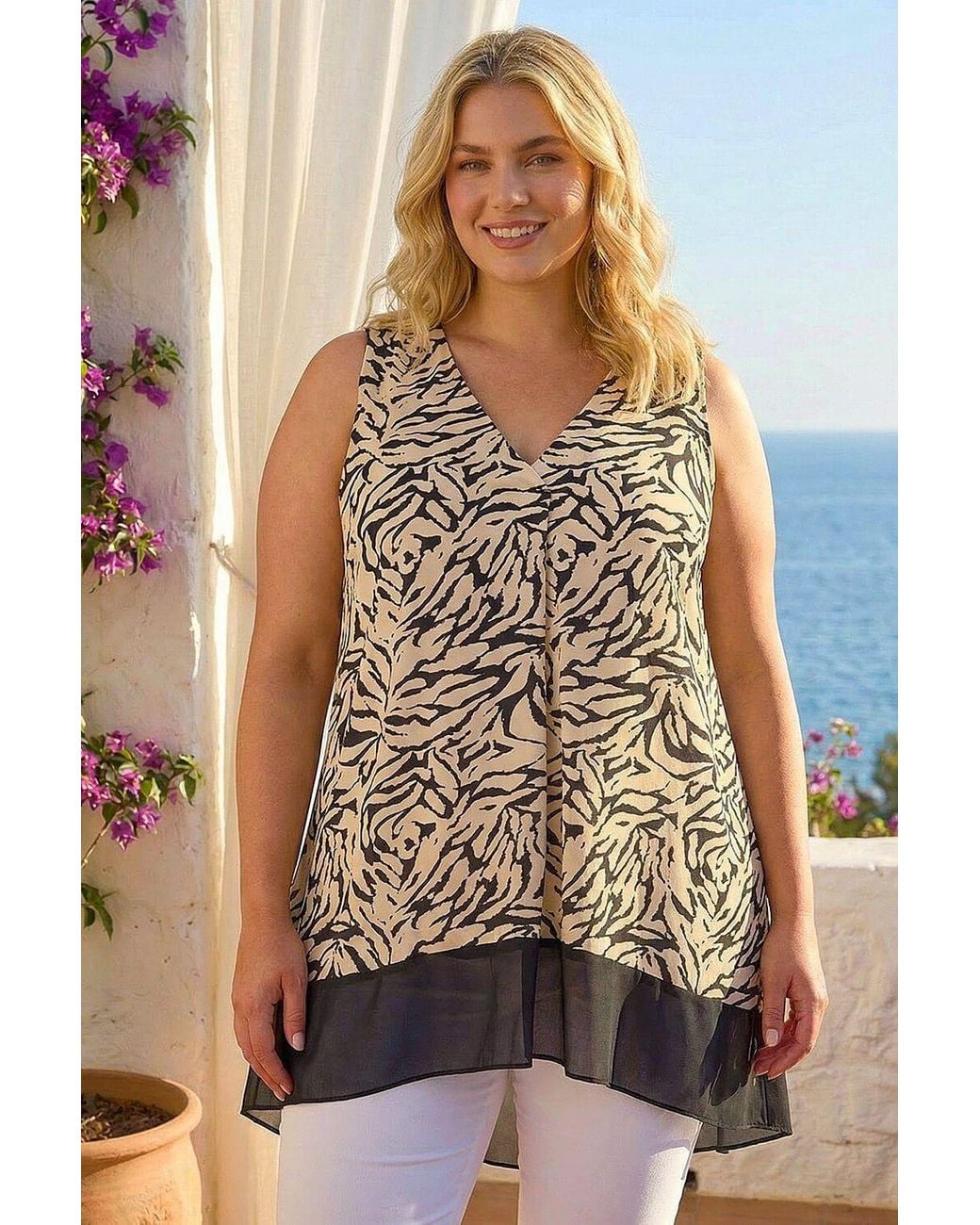 Roman Brown Curve Animal Print Chiffon Hem Vest Top