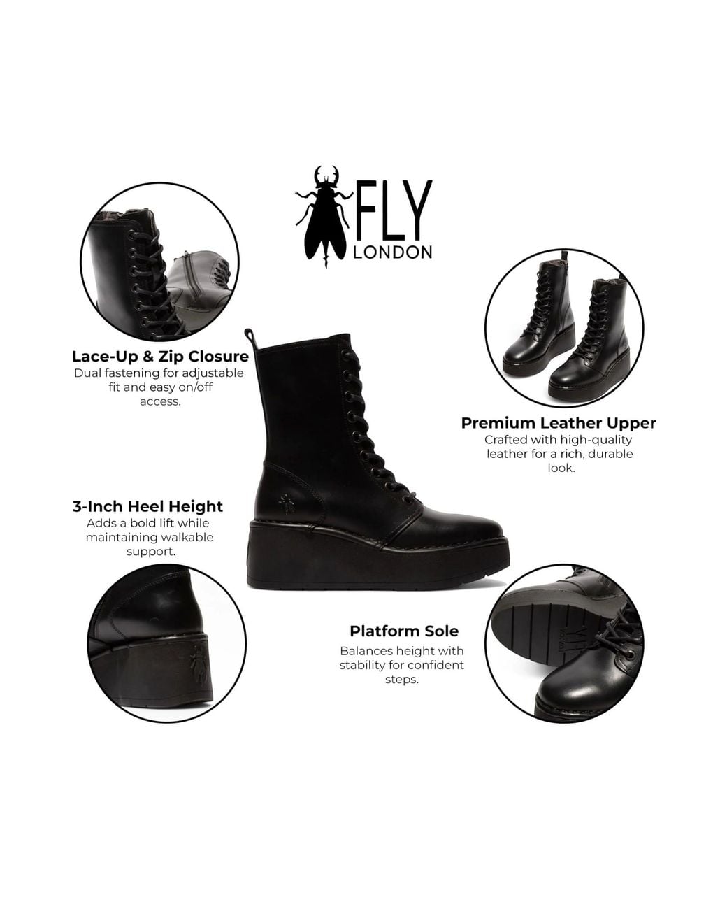 Infinity Leather Black Fly London Hait273 Leather Lace-Up Chunky Platform Ankle Boots