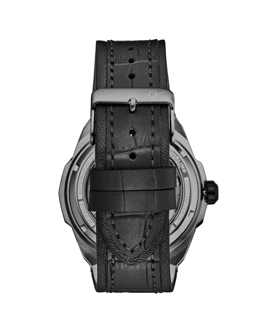 Stuhrling Black Dual Time Automatic Navigator Watch, 46Mm Stainless Steel Case, Dual Time, Skeleton Dial, Sun/Moon Phase Indicator for men