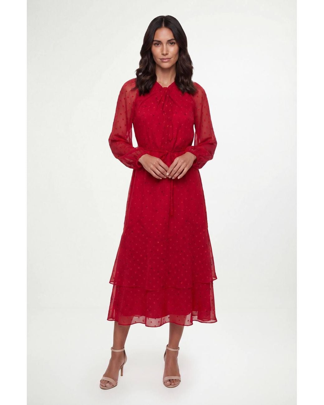Wallis Red Printed Metallic Twist Neck Midi Dress