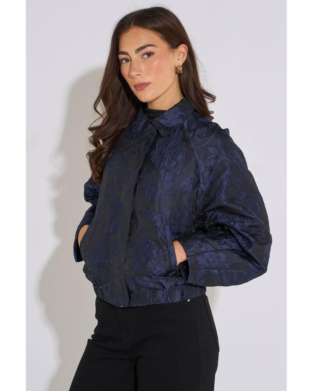 Gini London Blue Floral Jacquard Bomber Jacket
