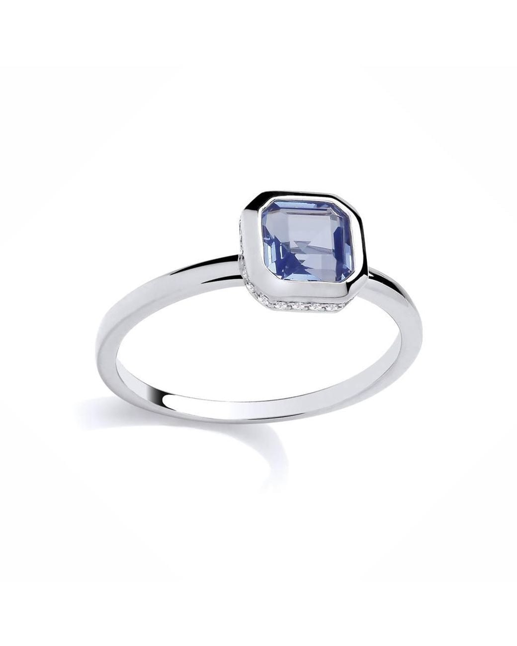 Jewelco London Blue Square Cz Octagonal Bezel Halo Hidden Stones Ring