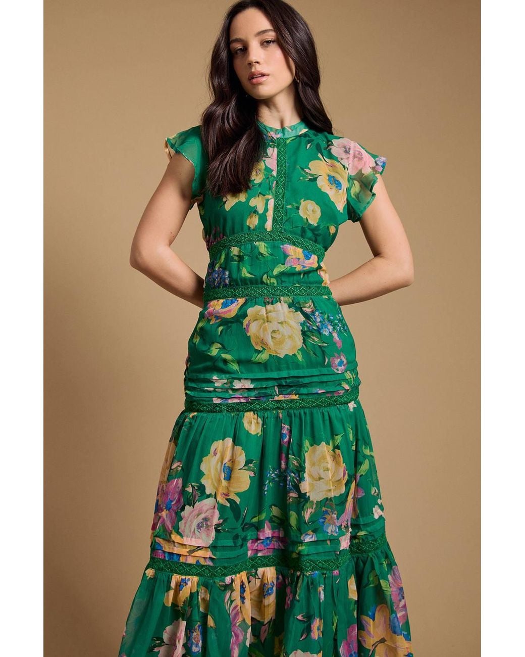 Oasis Green Floral Printed Chiffon Lace Insert Dress