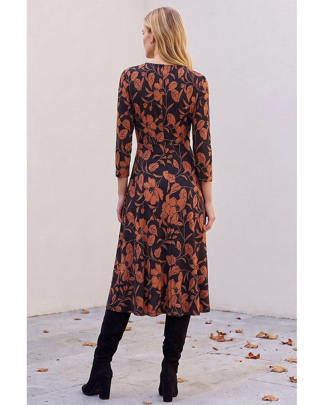 Roman Natural Leaf Print Wrap Midi Dress