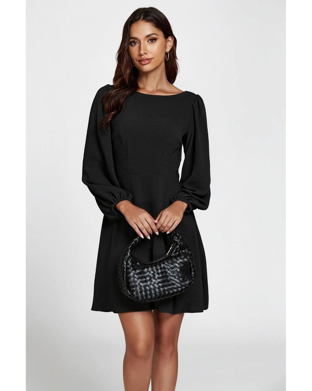 FS Collection Black Long Sleeve Back V Neck Skater Mini Dress