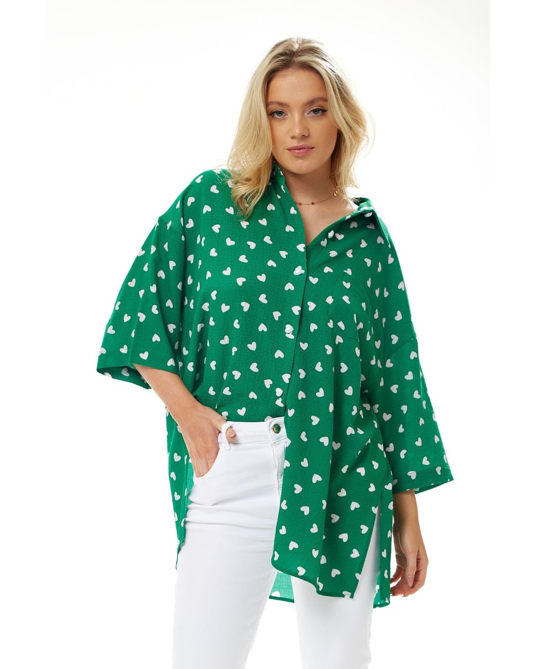Liquorish Green Heart Print Shirt
