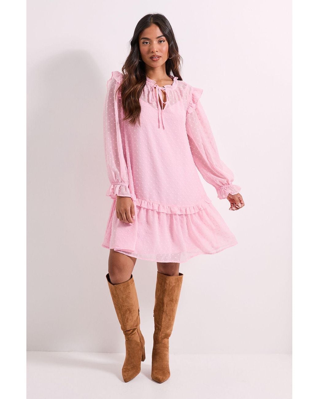 Dorothy Perkins Pink Petite Tiered Hem Tie Neck Shift Dress