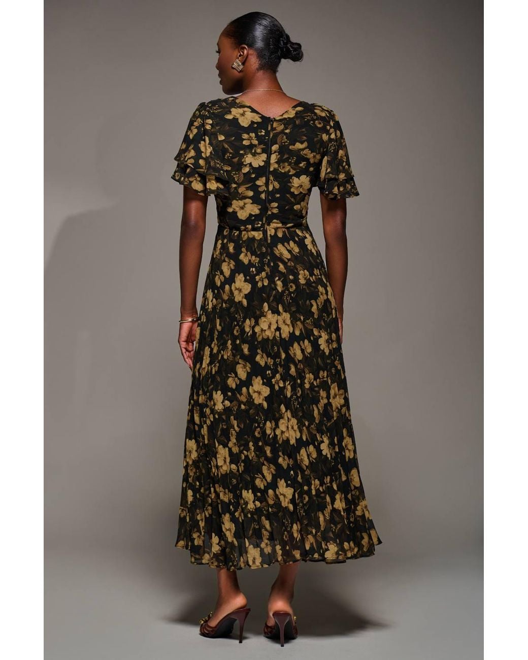 Jolie Moi Brown Chiffon Ruffle Sleeve Pleated Maxi Dress