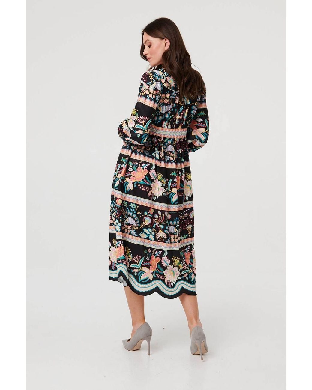 Izabel London White Floral Long Sleeve Buttoned Midi Dress