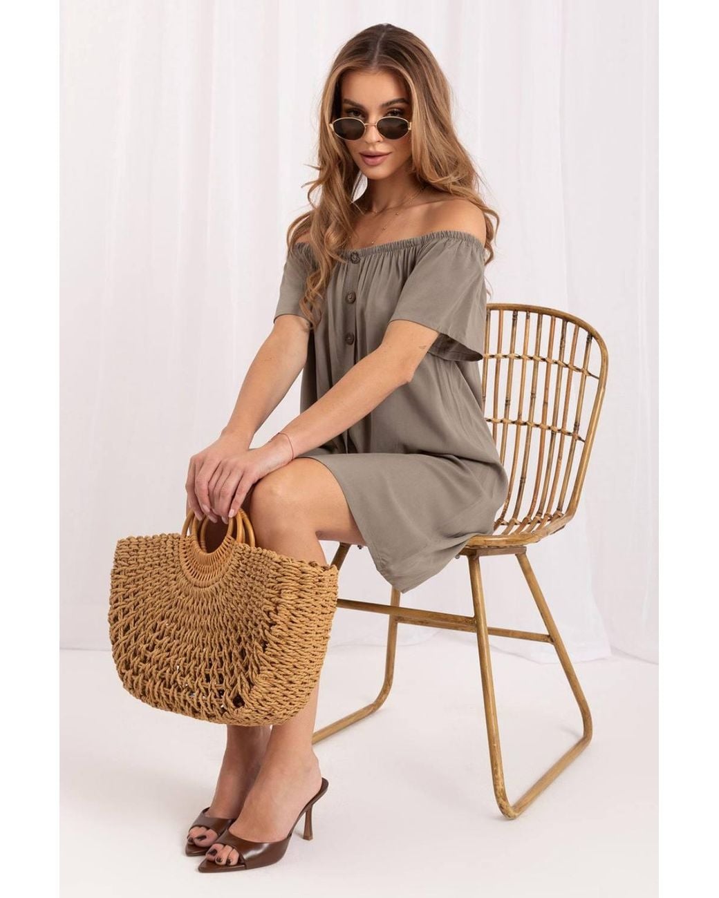 Love Lace Brown Viscose Oversized Short Sleeve Bardot Dress